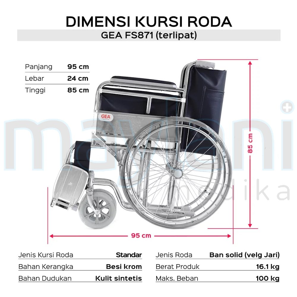 GEA Kursi Roda Standar Rumah Sakit FS 871 Solid Chrome Steel - Gambar 2